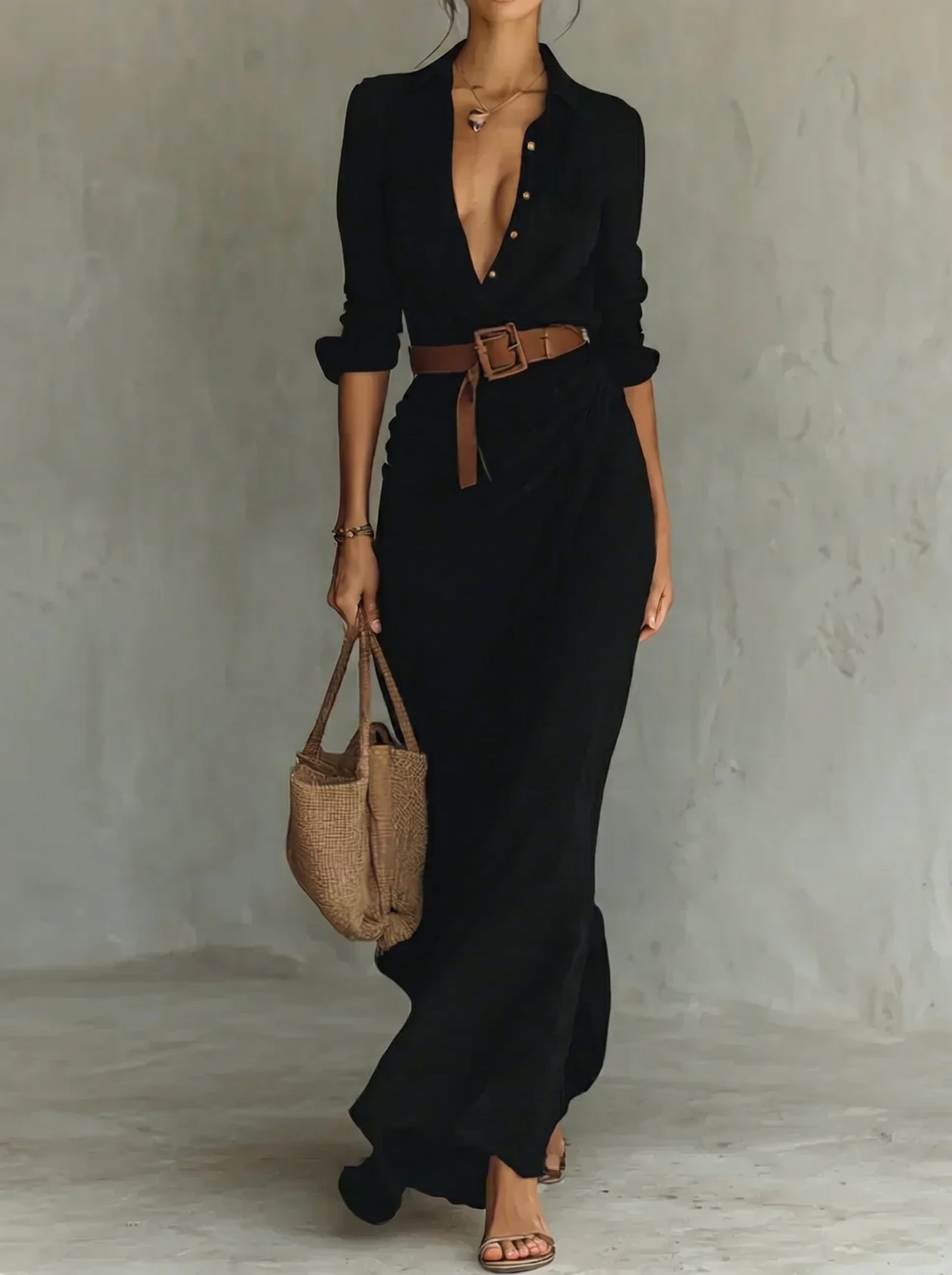 Camille™ | Vestido largo de pliegues con cintura marcada