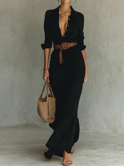 Camille™ | Vestido largo de pliegues con cintura marcada