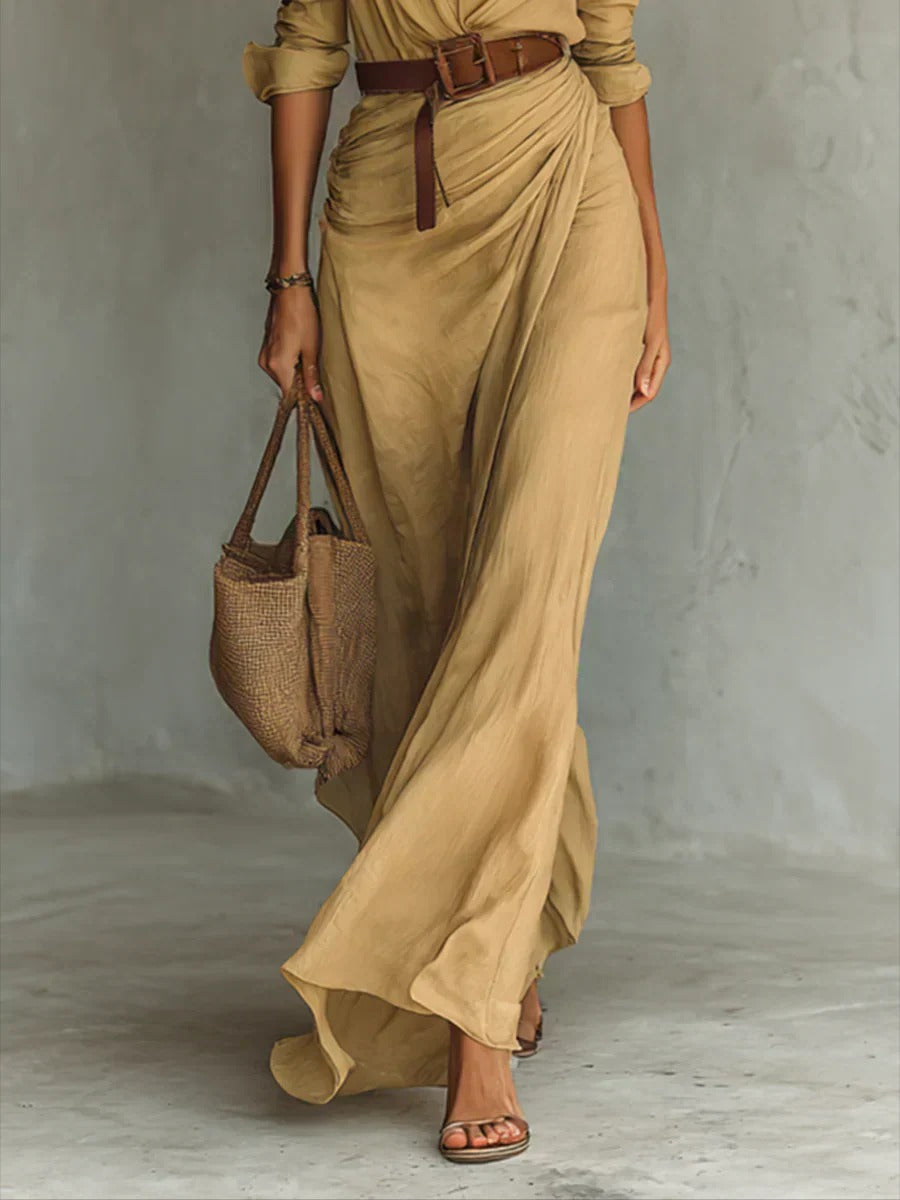Camille™ | Vestido largo de pliegues con cintura marcada