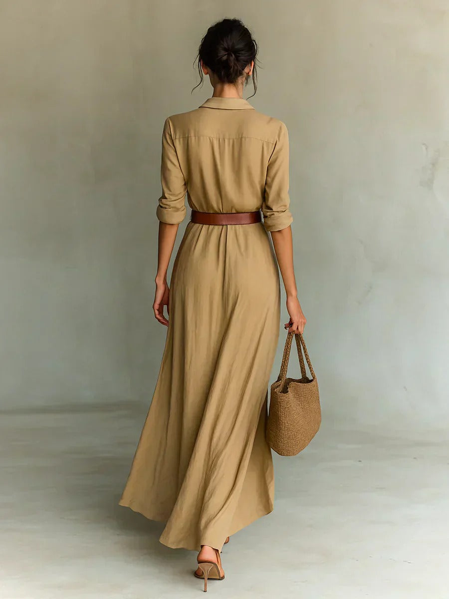 Camille™ | Vestido largo de pliegues con cintura marcada