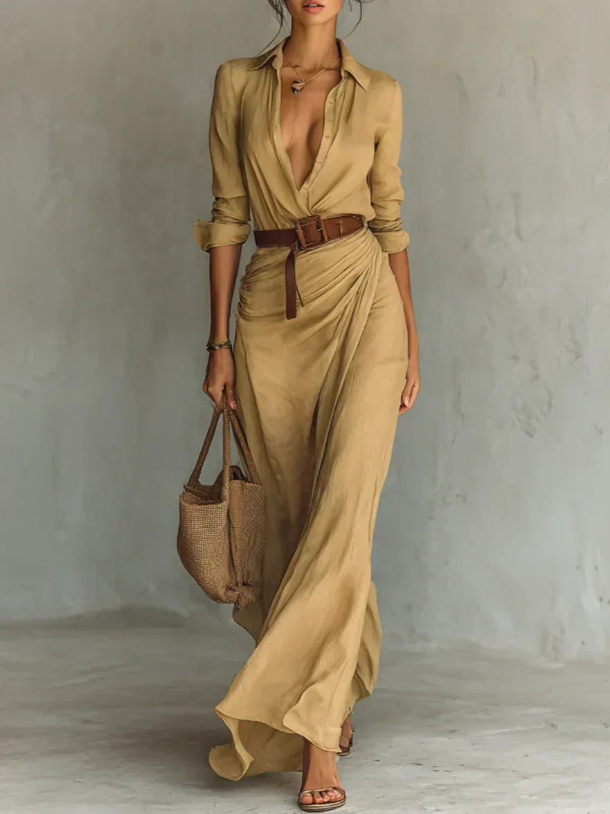 Camille™ | Vestido largo de pliegues con cintura marcada